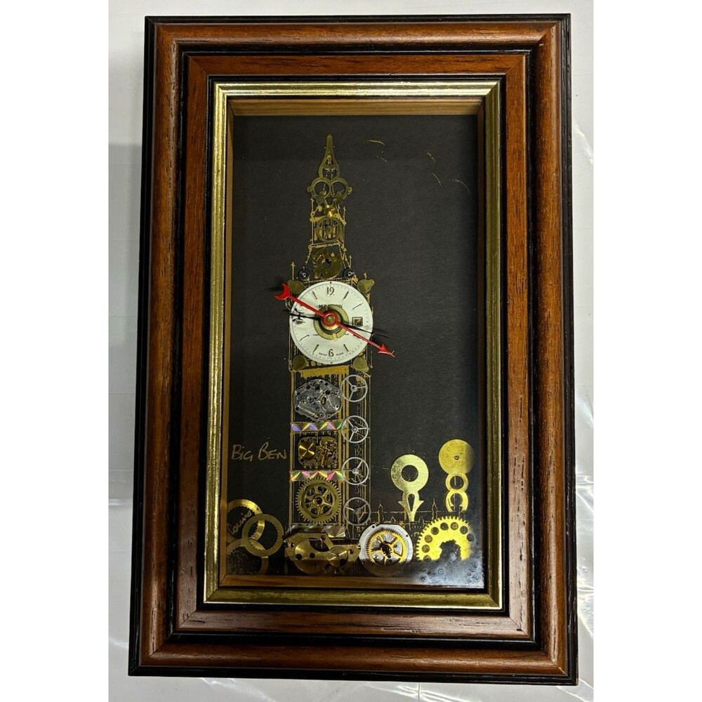 Steampunk Style Framed Shadow Box Wall Clock w/ Gears Wood/Glass Quartz